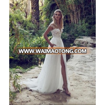 ZH0347X A-Line Lace Wedding Dresses Illusion Bodice Jewel Court Train Vintage Garden Beach Boho Wedding Party Bridal Gowns