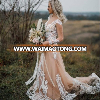 ZH3843G Garden Beach 2019 New Wedding Dresses Lace Appliqued Long Sleeve Appliqued Bridal Gowns Boho Tulle A Line Wedding Dress