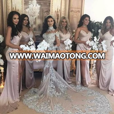 ZH0348X Retro Long Sleeves Mermaid Wedding Dresses High Neck Crystal Beads Appliques Trumpet Long Train Illusion Bridal Gowns