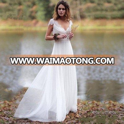 ZH3842G 2019 Beach A Line Lace Wedding Dresses Cap Sleeve Appliqued V Neck Boho Wedding Dress Chiffon Bridal Gowns