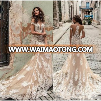 ZH0349X 2019 Champagne Wedding Dresses Off Shoulder Deep Plunging Neckline Bridal Gowns Sweep Train Lace Wedding Dress