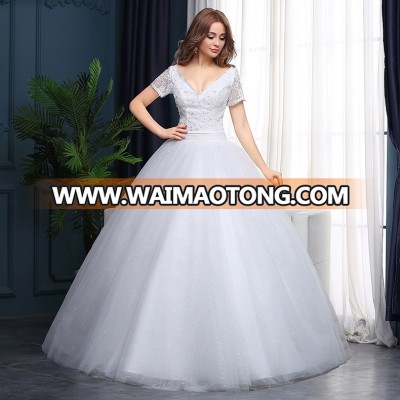 ZH1211L 2018 new model design deep V handmade short sleeve maxi wedding gown dress for bridal