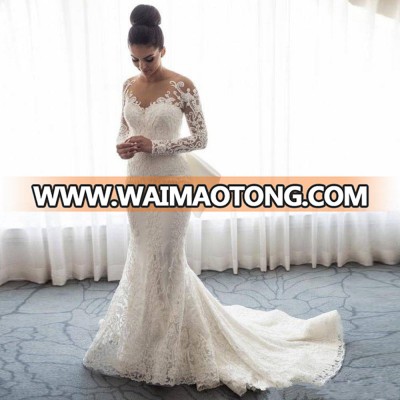 ZH2998G Detachable Train Sheath Wedding Dresses Bridal Gown Long Sleeves Exquisite Applique Sheer Neck Tulle Wedding Dress