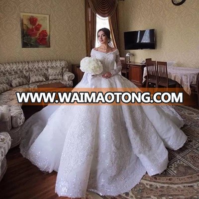 ZH3833G Luxury Lace Ball Gown Wedding Dresses Saudi Arabia Off The Shoulder Long Sleeve Full Lace Appliqued Sequins Bridal Gowns