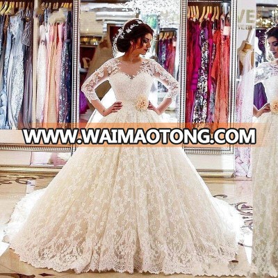 ZH3371G Luxurious V Neck Long Sleeves White Ivory lace Appliques Wedding dresses Bridal Wedding Gown Ball Gown Vestido de Noiva