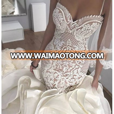 ZH3852G Sexy Illusion Tiered Skirts Mermaid Wedding Dresses Spaghetti Neck Lace Appliqued Backless Bridal Gowns Long Train