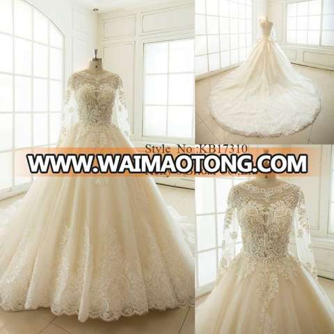 Havey beadings crystal bodice with long tulle sleeve Aline long train with beautiful lacedge wedding dress bridal gown