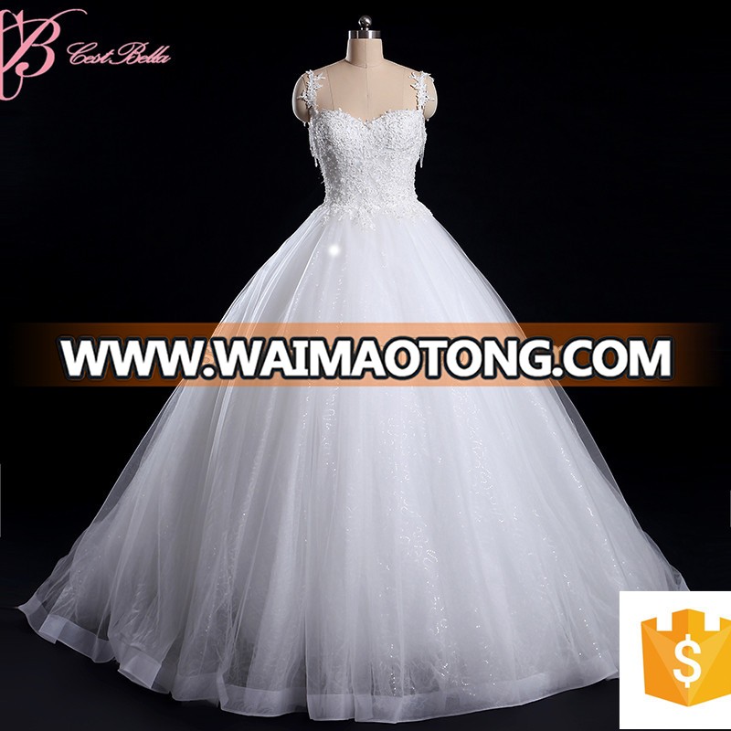 2017 Suzhou White Lace Applique Chapel Train Plus Size Puffy Bridal Wedding Dress Ball Gown